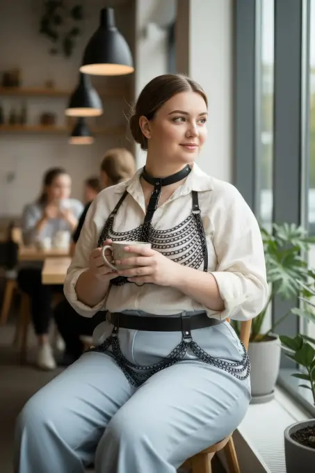 Büyük Beden Siyah Deri Kadın Kemer Zincir Detaylı Vücut Aksesuarı - APFT438 - Angels Passion (1)