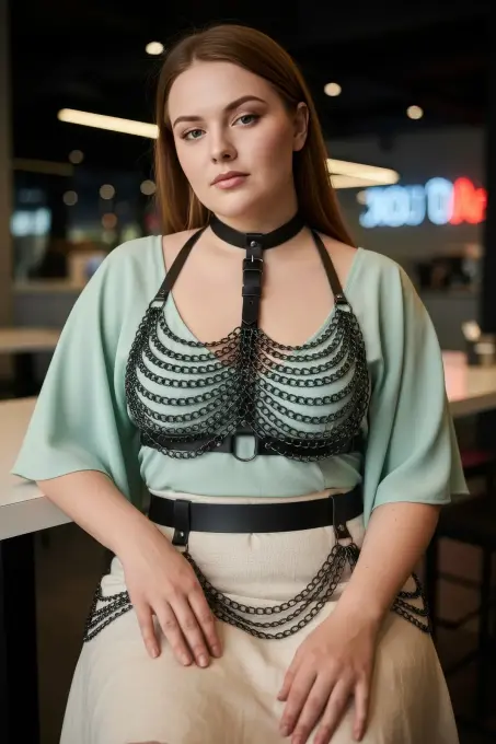 Büyük Beden Siyah Deri Kadın Kemer Zincir Detaylı Vücut Aksesuarı - APFT438 - 4