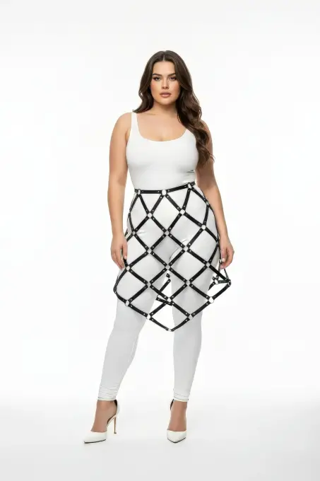 Büyük Beden Siyah Deri Kafes Tasarımlı Harness Etek - APFT982 - 1