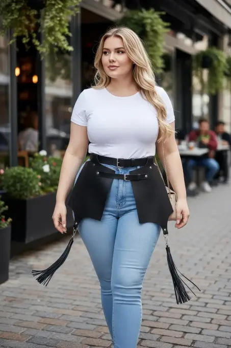 Büyük Beden Siyah Deri Kemer Korse Tarzı Etek Detaylı Püsküllü - APFT985 - 1