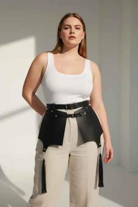 Büyük Beden Siyah Deri Kemer Korse Tarzı Etek Detaylı Püsküllü - APFT985 - 3