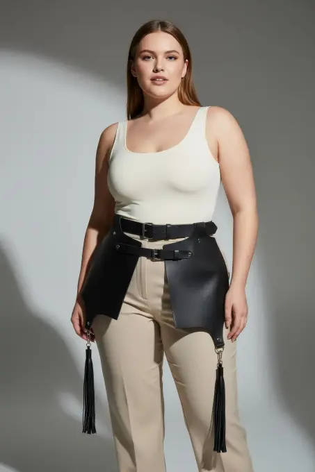 Büyük Beden Siyah Deri Kemer Korse Tarzı Etek Detaylı Püsküllü - APFT985 - 5