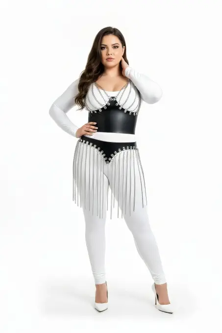 Büyük Beden Siyah Etek Deri Görünümlü Zincir Saçak Detaylı - APFT994 - 1