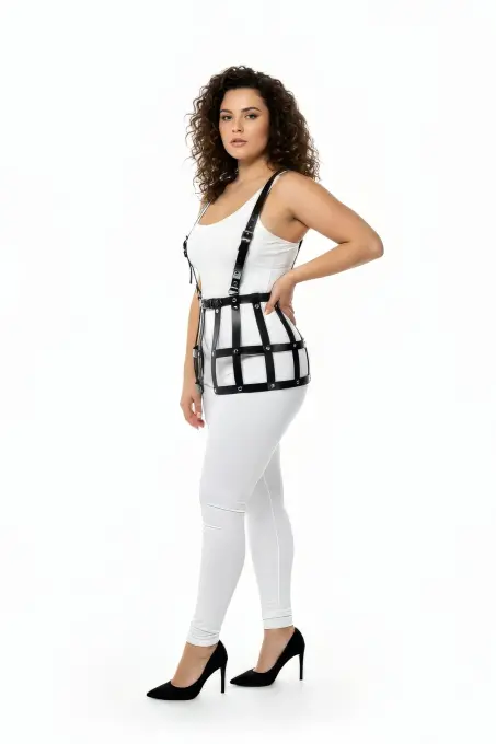 Büyük Beden Siyah Etek Deri Harness Kafes Detaylı - APFT983 - 1