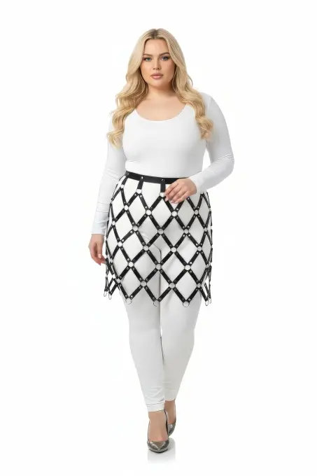 Büyük Beden Siyah Etek Fantazi Deri Görünümlü Metal Halka Detaylı Harness - APFT694 - 2