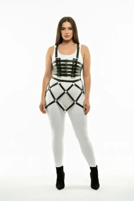 Büyük Beden Siyah Etek Kafes Detaylı Deri Harness Aksesuar - APFT785 - 2