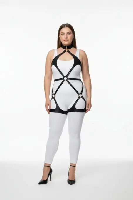 Büyük Beden Siyah Kadın Deri Full Body Harness Takım Günlük ve Fantezi Kombin Aksesuarı - APFT1331 - 1