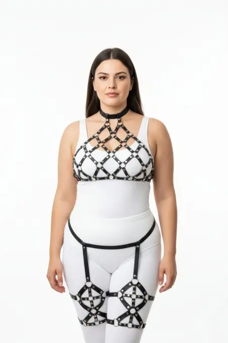 Büyük Beden Siyah Kadın Deri Full Body Harness Takım Halka Detaylı Jartiyerli - APFT460 - 2