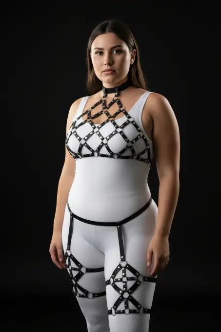 Büyük Beden Siyah Kadın Deri Full Body Harness Takım Halka Detaylı Jartiyerli - APFT460 - 3