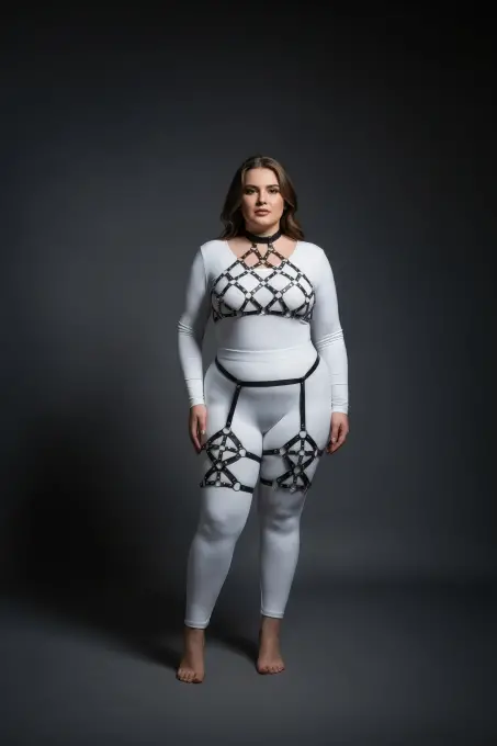 Büyük Beden Siyah Kadın Deri Full Body Harness Takım Halka Detaylı Jartiyerli - APFT460 - 4