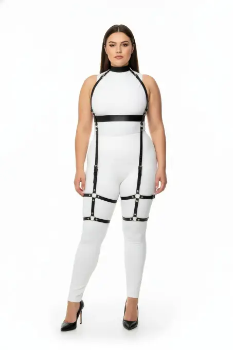 Büyük Beden Siyah Kadın Deri Full Body Harness Takım Şık Vücut Aksesuarı - APFT864 - 1