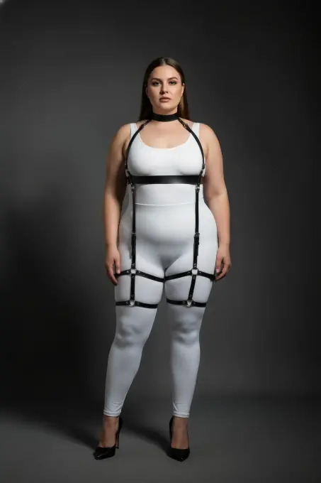 Büyük Beden Siyah Kadın Deri Full Body Harness Takım Şık Vücut Aksesuarı - APFT864 - 3
