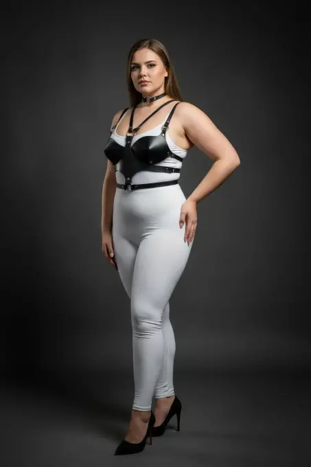 Büyük Beden Siyah Kadın Deri Göğüs Harness Takım Choker Detaylı Fantezi Aksesuar - APFT1296 - Angels Passion (1)