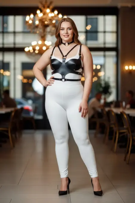 Büyük Beden Siyah Kadın Deri Göğüs Harness Takım Choker Detaylı Fantezi Aksesuar - APFT1296 - 5