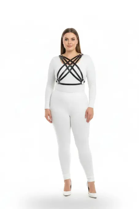 Büyük Beden Siyah Kadın Deri Görünümlü Harness Takım Ayarlanabilir Vücut Aksesuarı - APFT867 - 1