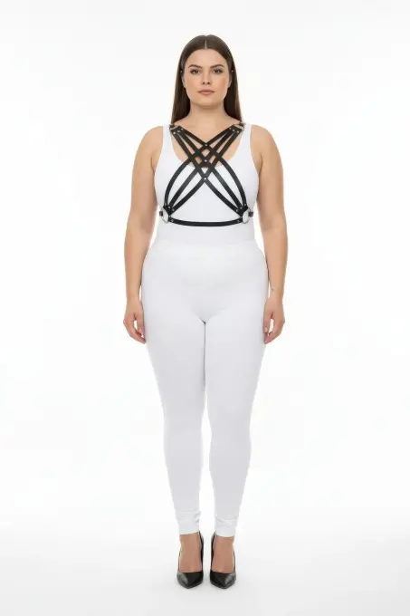 Büyük Beden Siyah Kadın Deri Görünümlü Harness Takım Ayarlanabilir Vücut Aksesuarı - APFT867 - Angels Passion (1)