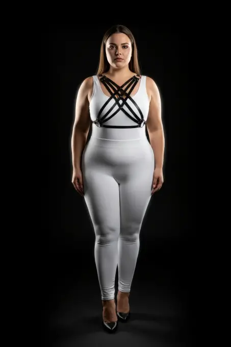 Büyük Beden Siyah Kadın Deri Görünümlü Harness Takım Ayarlanabilir Vücut Aksesuarı - APFT867 - 3