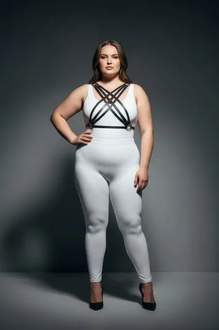 Büyük Beden Siyah Kadın Deri Görünümlü Harness Takım Ayarlanabilir Vücut Aksesuarı - APFT867 - 4