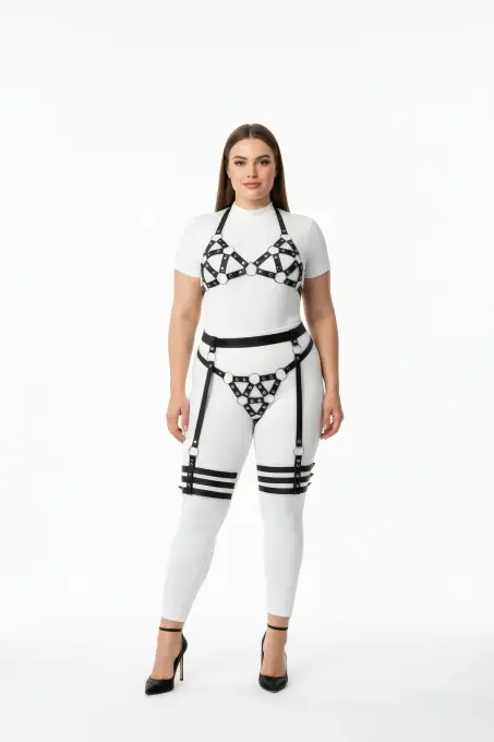 Büyük Beden Siyah Kadın Deri Görünümlü Harness Takım Jartiyerli O - 1