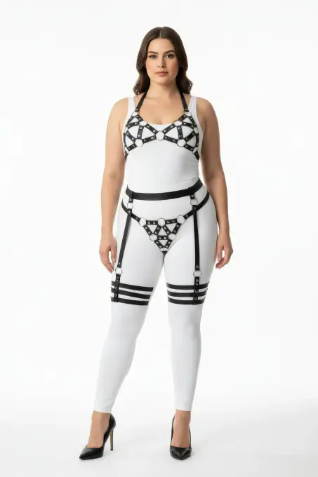 Büyük Beden Siyah Kadın Deri Görünümlü Harness Takım Jartiyerli O - 2