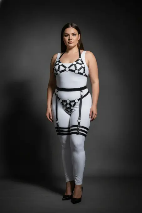 Büyük Beden Siyah Kadın Deri Görünümlü Harness Takım Jartiyerli O - 3