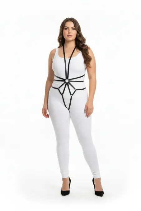 Büyük Beden Siyah Kadın Deri Harness Full Body Halka Detaylı Harness - APFT339 - 1