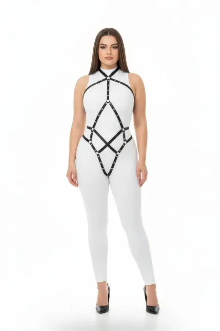 Büyük Beden Siyah Kadın Deri Harness Metal Detaylı Vücut Aksesuarı - APFT295 - 1