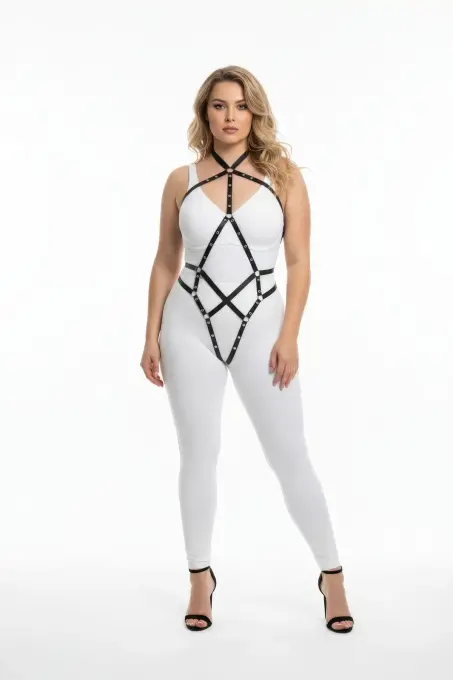 Büyük Beden Siyah Kadın Deri Harness Metal Detaylı Vücut Aksesuarı - APFT295 - 2