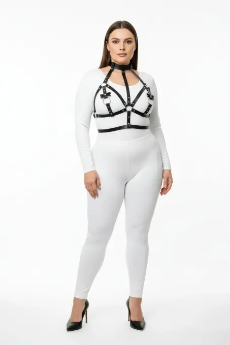 Büyük Beden Siyah Kadın Deri Harness Takım Boyunluk ve Halka Detaylı Fantazi Aksesuar - APFT473 - 1