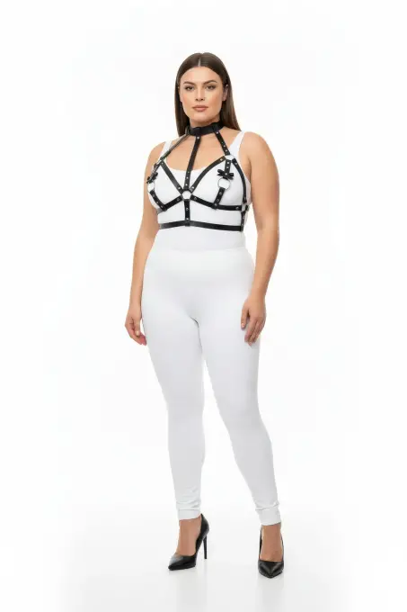 Büyük Beden Siyah Kadın Deri Harness Takım Boyunluk ve Halka Detaylı Fantazi Aksesuar - APFT473 - 2