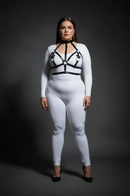 Büyük Beden Siyah Kadın Deri Harness Takım Boyunluk ve Halka Detaylı Fantazi Aksesuar - APFT473 - 4