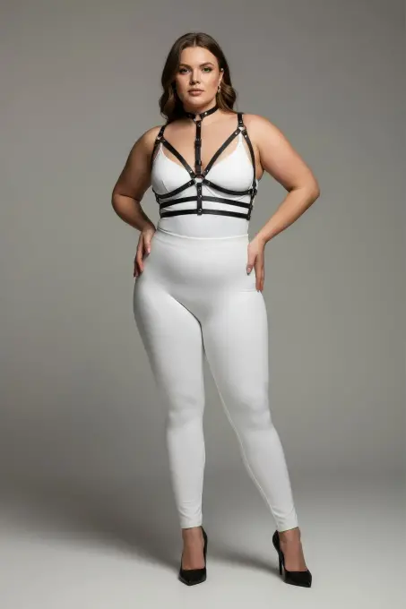 Büyük Beden Siyah Kadın Deri Harness Takım Boyunluklu Halka Detaylı - APFT235 - 2