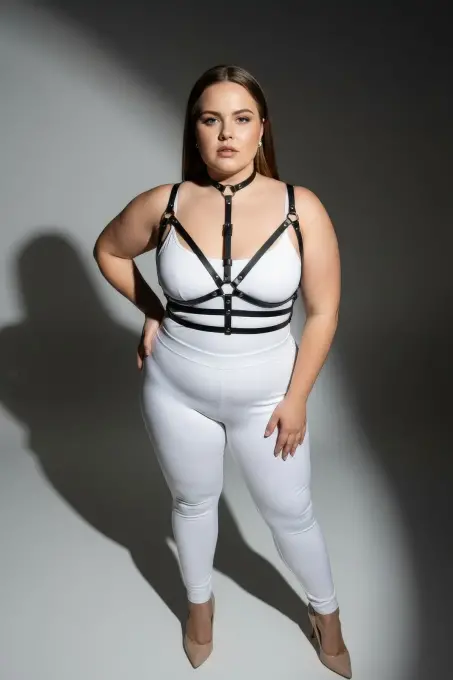 Büyük Beden Siyah Kadın Deri Harness Takım Boyunluklu Halka Detaylı - APFT235 - 4