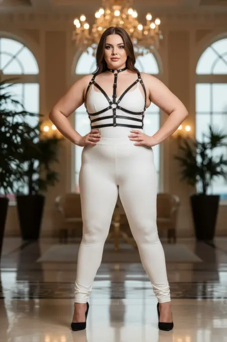 Büyük Beden Siyah Kadın Deri Harness Takım Boyunluklu Halka Detaylı - APFT235 - 5