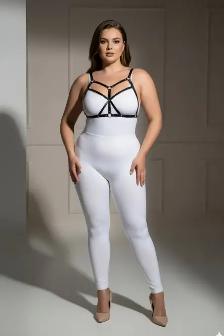 Büyük Beden Siyah Kadın Deri Harness Takım Fantezi Giyim Halka Detaylı - APFT265 - 2