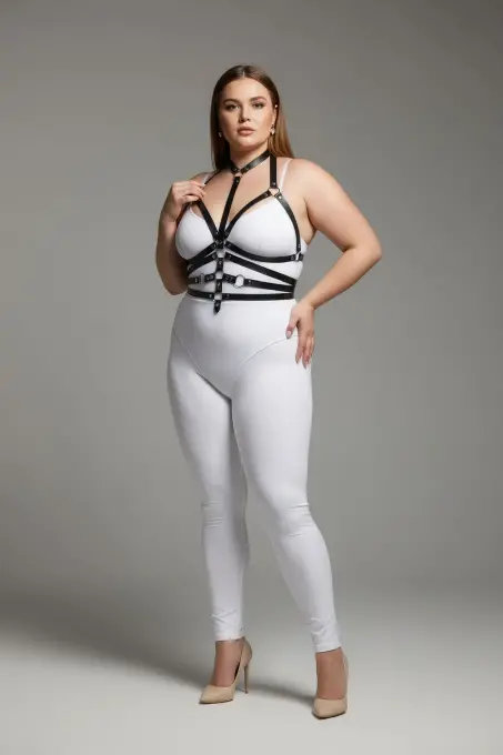 Büyük Beden Siyah Kadın Deri Harness Takım Halka Detaylı Fantezi Aksesuar - APFT24 - 1