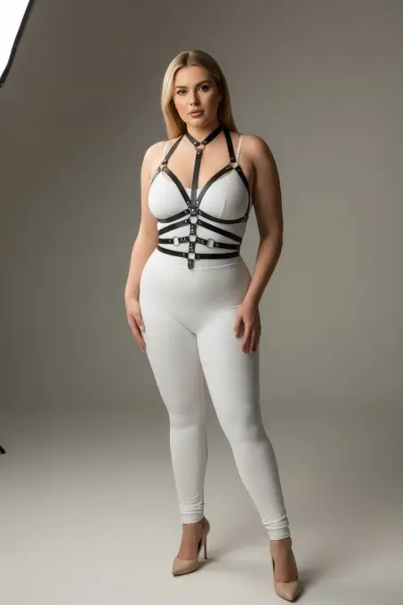 Büyük Beden Siyah Kadın Deri Harness Takım Halka Detaylı Fantezi Aksesuar - APFT24 - 2