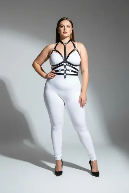 Büyük Beden Siyah Kadın Deri Harness Takım Halka Detaylı Fantezi Aksesuar - APFT24 - 3