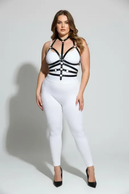 Büyük Beden Siyah Kadın Deri Harness Takım Halka Detaylı Fantezi Aksesuar - APFT24 - 4