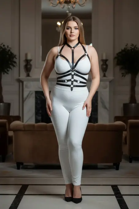 Büyük Beden Siyah Kadın Deri Harness Takım Halka Detaylı Fantezi Aksesuar - APFT24 - 5