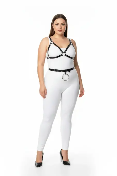 Büyük Beden Siyah Kadın Deri Harness Takım Halka Detaylı Fantezi Vücut Aksesuarı - APFT651 - 2