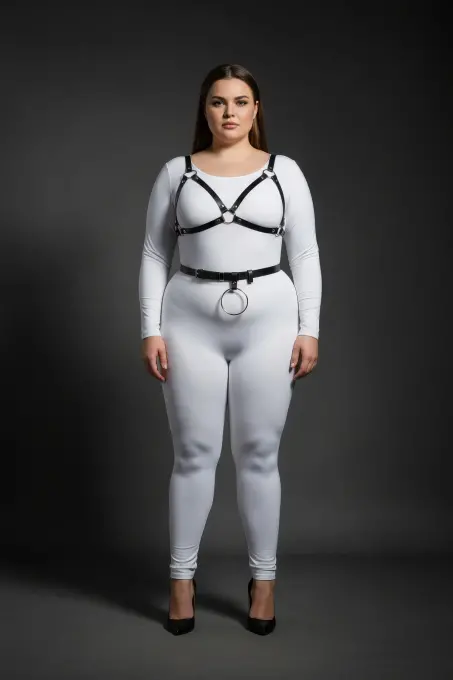 Büyük Beden Siyah Kadın Deri Harness Takım Halka Detaylı Fantezi Vücut Aksesuarı - APFT651 - 4