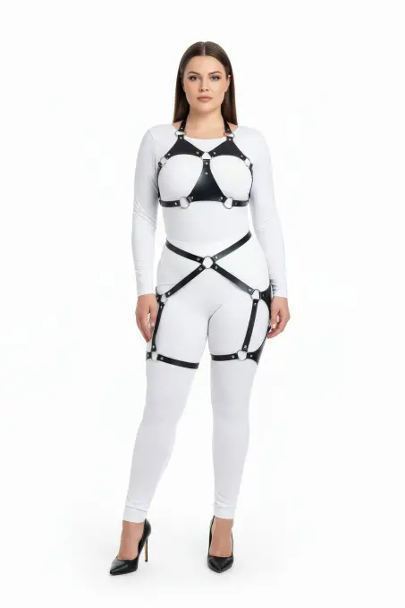 Büyük Beden Siyah Kadın Deri Harness Takım Halka Detaylı Jartiyerli - APFT1272 - 1