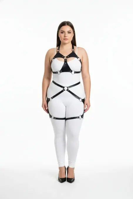 Büyük Beden Siyah Kadın Deri Harness Takım Halka Detaylı Jartiyerli - APFT1272 - Angels Passion (1)