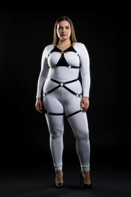 Büyük Beden Siyah Kadın Deri Harness Takım Halka Detaylı Jartiyerli - APFT1272 - 3