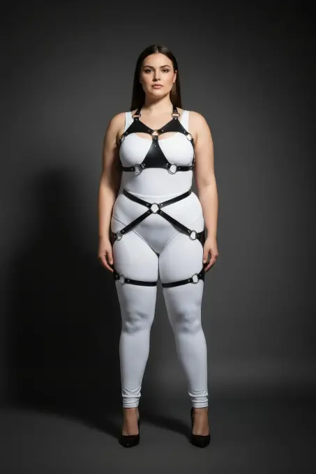 Büyük Beden Siyah Kadın Deri Harness Takım Halka Detaylı Jartiyerli - APFT1272 - 4