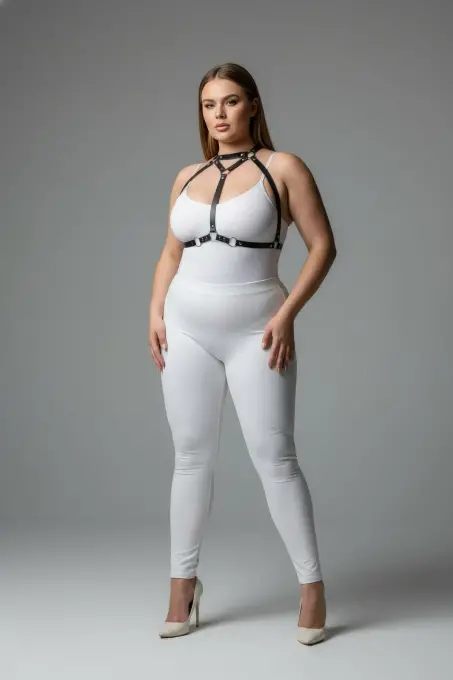 Büyük Beden Siyah Kadın Deri Harness Takım Halka Detaylı Kombin Aksesuarı - APFT245 - 1