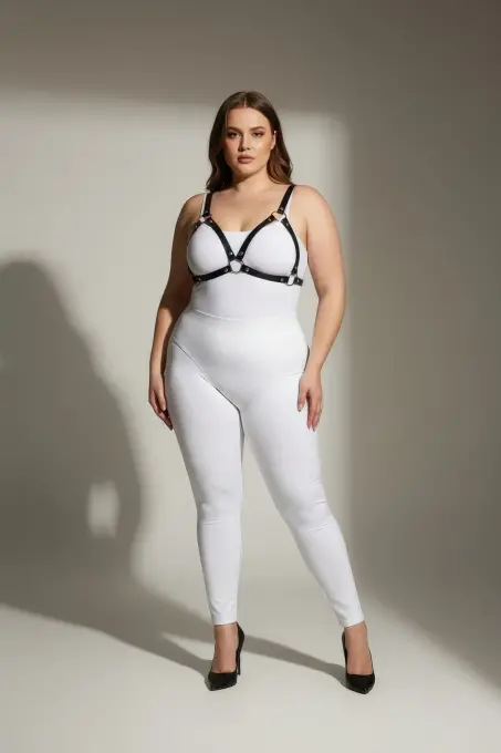 Büyük Beden Siyah Kadın Deri Harness Takım Halka Detaylı Sütyen Aksesuarı - APFT190 - 1