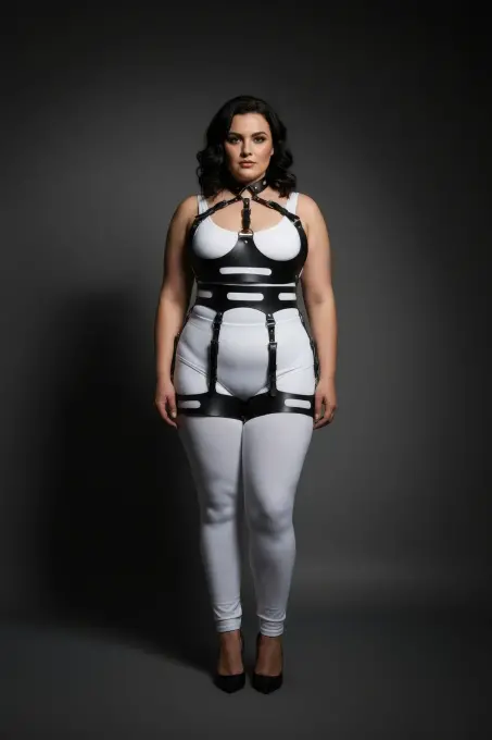 Büyük Beden Siyah Kadın Deri Harness Takım Halka Detaylı Vücut Aksesuarı - APFT1302 - 4