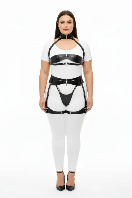 Büyük Beden Siyah Kadın Deri Harness Takım Jartiyerli Fantezi Vücut Aksesuarı - APFT1373 - 2